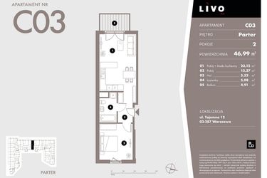 Rzut - Mieszkanie na sprzedaż 2 pokoje o powierzchni 46,99 m² - numer C03 w Livo