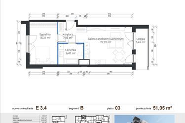Rzut - Mieszkanie na sprzedaż 2 pokoje o powierzchni 51,05 m² - numer E 3.4 w Nowe Zabłocie
