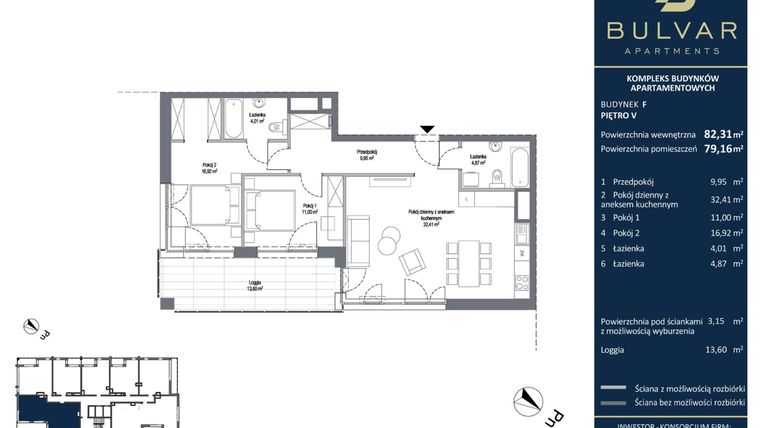 Rzut - Mieszkanie na sprzedaż 3 pokoje o powierzchni 82,13 m² - numer F.6.30 w Bulvar Apartments - etap I