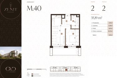 Rzut - Mieszkanie na sprzedaż 2 pokoje o powierzchni 35,19 m² - numer M40 w Zenit Głowackiego