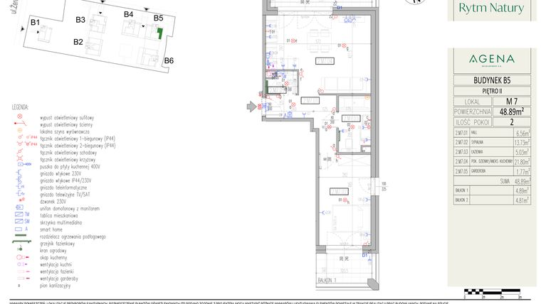 Rzut - Mieszkanie na sprzedaż 2 pokoje o powierzchni 48,89 m² - numer B5M7 w Rytm Natury
