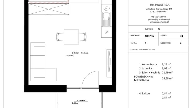 Rzut - Mieszkanie na sprzedaż 1 pokój o powierzchni 28,68 m² - numer 10D/36 w Jasielska 8C etap II