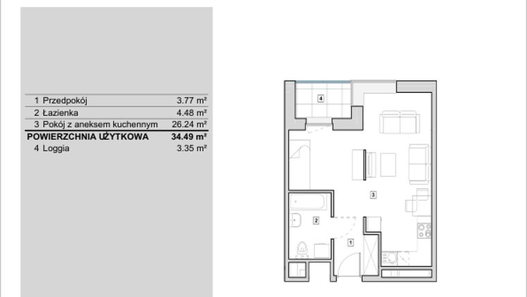 Rzut - Mieszkanie na sprzedaż 1 pokój o powierzchni 34,49 m² - numer H1-A-10-2 w Heyki City