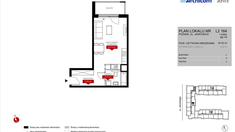Rzut - Mieszkanie na sprzedaż 1 pokój o powierzchni 34,33 m² - numer L2.164 w Wieża Jeżyce etap VI