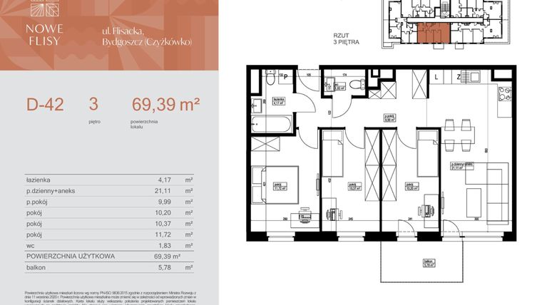 Rzut - Mieszkanie na sprzedaż 4 pokoje o powierzchni 69,39 m² - numer M42_NF.d w Nowe Flisy II