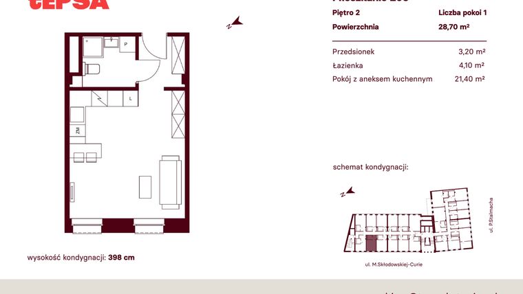 Rzut - Mieszkanie na sprzedaż 1 pokój o powierzchni 28,7 m² - numer M205 w Tepsa Kato