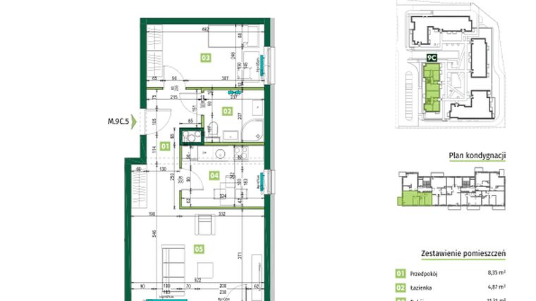 Rzut - Mieszkanie na sprzedaż 2 pokoje o powierzchni 51,51 m² - numer 9C.5 w Zielona Przystań etap II