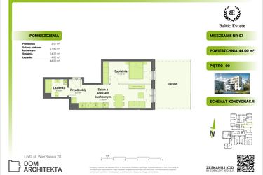 Rzut - Mieszkanie na sprzedaż 2 pokoje o powierzchni 44,42 m² - numer 00.M.07 w Dom Architekta