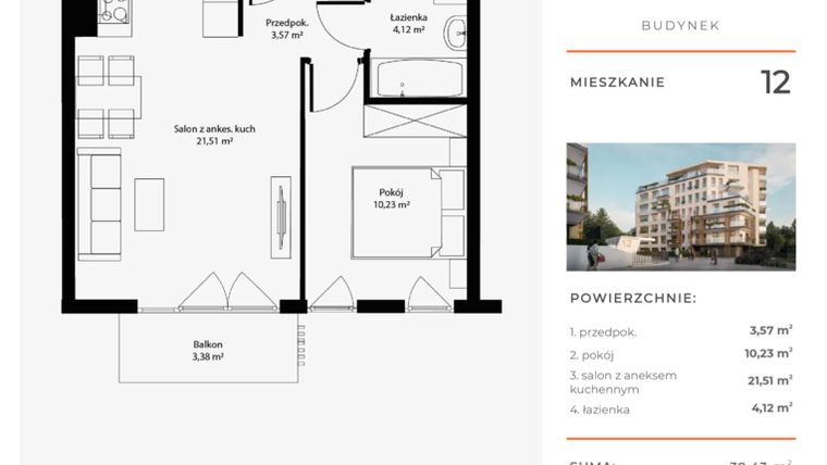 Rzut - Mieszkanie na sprzedaż 2 pokoje o powierzchni 39,43 m² - numer 12 w Bytkowska 4.0