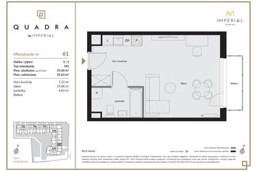 Rzut - Mieszkanie na sprzedaż 1 pokój o powierzchni 31,44 m² - numer 61 w QUADRA