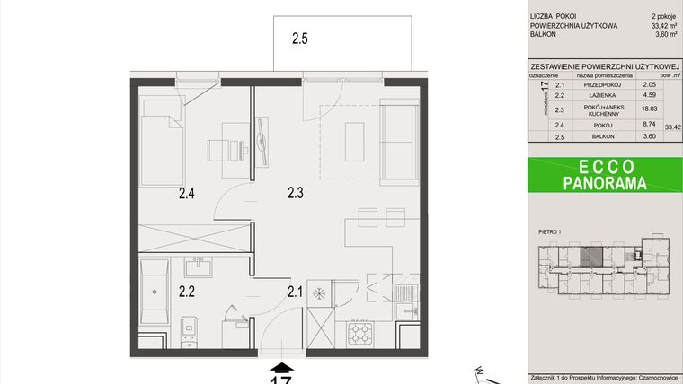 Rzut - Mieszkanie na sprzedaż 2 pokoje o powierzchni 33,42 m² - numer 17.A w Ecco Panorama