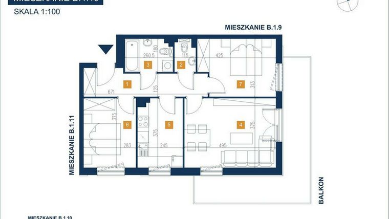 Rzut - Mieszkanie na sprzedaż 3 pokoje o powierzchni 64,7 m² - numer B.1.10 w EcoVista