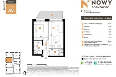 Rzut - Mieszkanie na sprzedaż 2 pokoje o powierzchni 41,12 m² - numer A8 w Nowy Sosnowiec