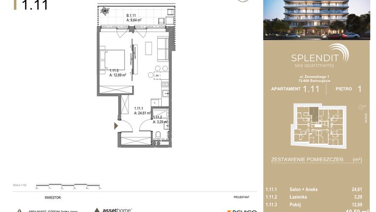 Rzut - Mieszkanie na sprzedaż 2 pokoje o powierzchni 40,59 m² - numer 1.11 w Splendit Świnoujście