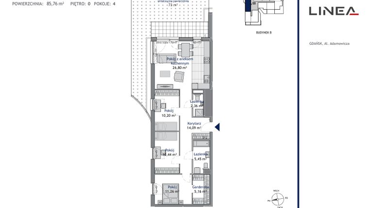 Rzut - Mieszkanie na sprzedaż 4 pokoje o powierzchni 85,76 m² - numer B.0.2 w Linea