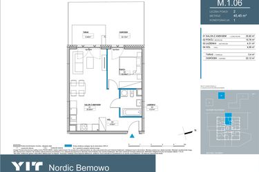 Rzut - Mieszkanie na sprzedaż 2 pokoje o powierzchni 45,5 m² - numer M1.06 w Nordic Bemowo - etap III