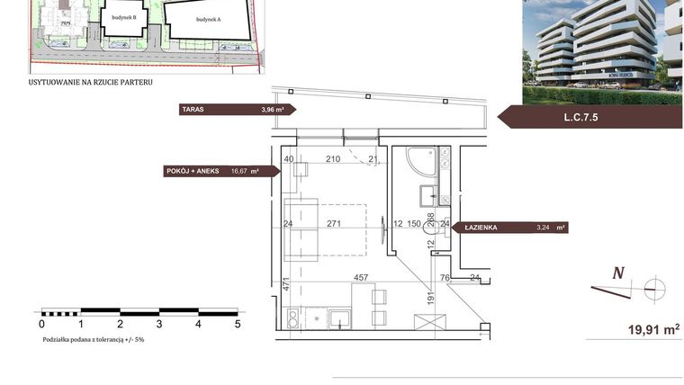 Rzut - Mieszkanie na sprzedaż 1 pokój o powierzchni 19,91 m² - numer L.C.7.5 w Royal Studios Smart Apartments etap 2