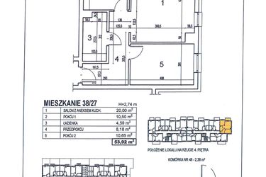 Rzut - Mieszkanie na sprzedaż 3 pokoje o powierzchni 53,92 m² - numer 38/27 w Osiedle Jodłowa bud. D
