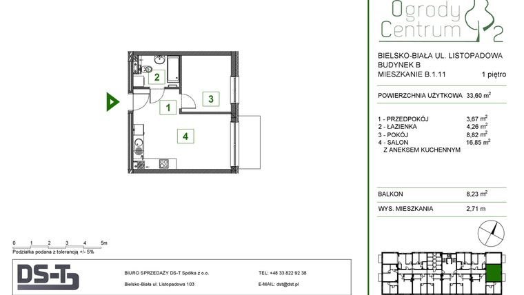 Rzut - Mieszkanie na sprzedaż 2 pokoje o powierzchni 33,6 m² - numer B.1.11 w Ogrody Centrum 2