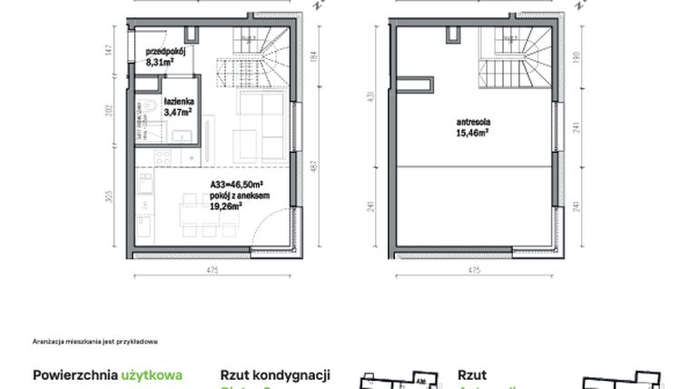 Rzut - Mieszkanie na sprzedaż 2 pokoje o powierzchni 46,5 m² - numer A33 w Traugutta Vita