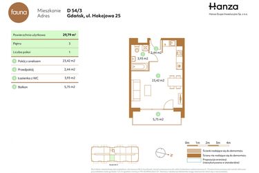 Rzut - Mieszkanie na sprzedaż 1 pokój o powierzchni 29,79 m² - numer D54-3 w Fauna