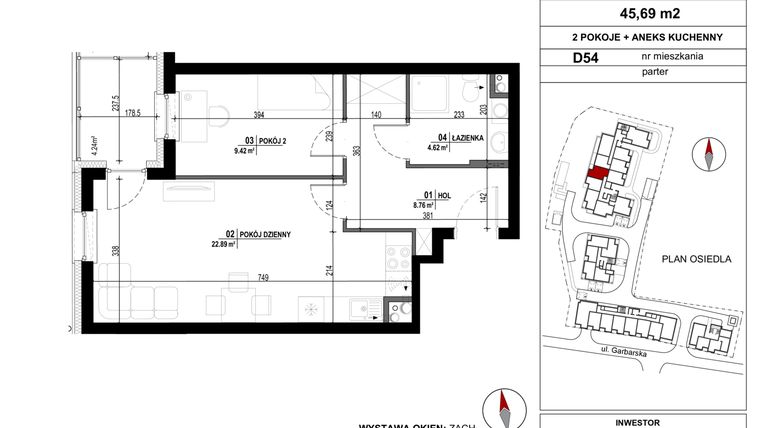 Rzut - Mieszkanie na sprzedaż 2 pokoje o powierzchni 45,69 m² - numer D.54 w Garbarska Urban Koncept