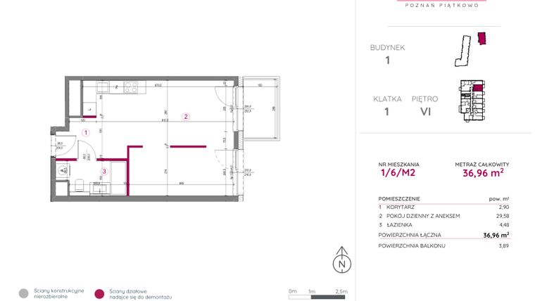 Rzut - Mieszkanie na sprzedaż 1 pokój o powierzchni 36,96 m² - numer 1/6/M2 w Lechicka 65