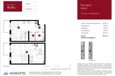Rzut - Mieszkanie na sprzedaż 1 pokój o powierzchni 73,75 m² - numer 3.B.2.05 w Murapol Helio