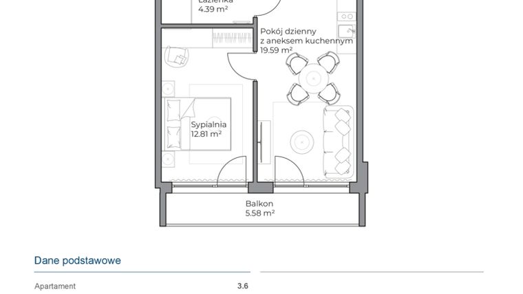 Rzut - Mieszkanie na sprzedaż 2 pokoje o powierzchni 36,83 m² - numer B.3.6 w Anchoria Holiday