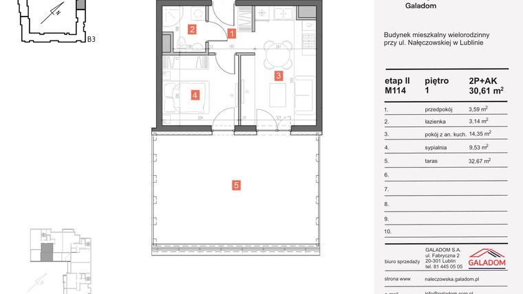 Rzut - Mieszkanie na sprzedaż 2 pokoje o powierzchni 30,61 m² - numer M-114 w Nałęczowska etap II