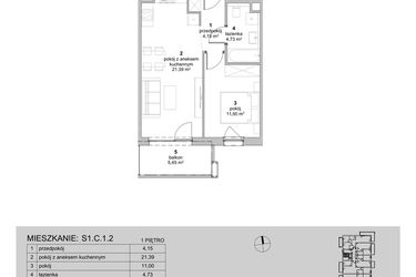 Rzut - Mieszkanie na sprzedaż 2 pokoje o powierzchni 41,27 m² - numer S1.C.1.2 w ATAL Idea Swarzędz II