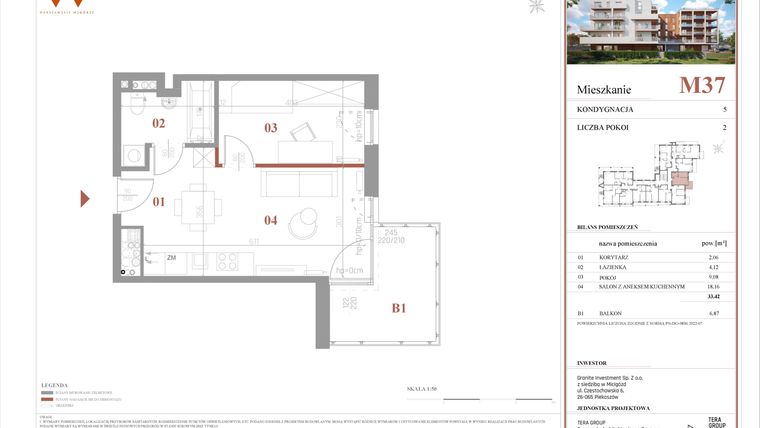 Rzut - Mieszkanie na sprzedaż 2 pokoje o powierzchni 33,42 m² - numer M37 w Warszawskie Wzgórze