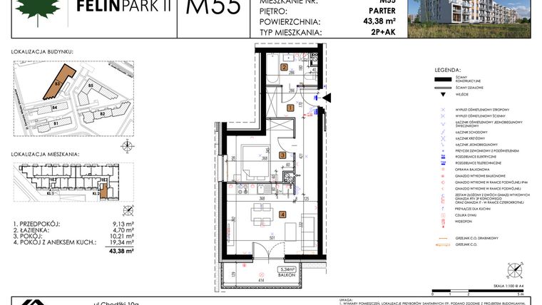 Rzut - Mieszkanie na sprzedaż 2 pokoje o powierzchni 43,45 m² - numer M55 w Felin Park II etap 2
