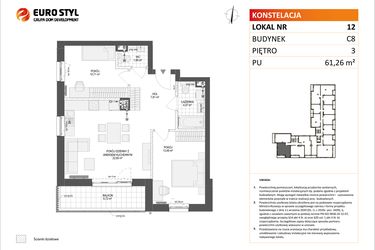 Rzut - Mieszkanie na sprzedaż 3 pokoje o powierzchni 61,26 m² - numer C8.12 w Konstelacja etap IV