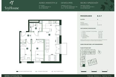 Rzut - Mieszkanie na sprzedaż 3 pokoje o powierzchni 52,06 m² - numer B.3.7 w IVY HOUSE