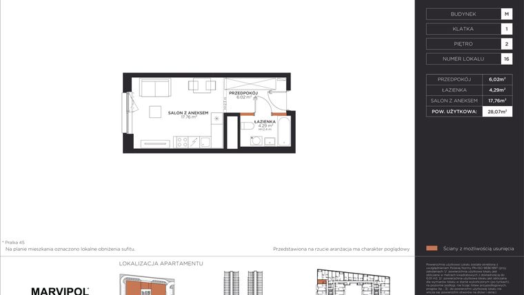 Rzut - Mieszkanie na sprzedaż 1 pokój o powierzchni 28,07 m² - numer M016 w Aleje 138