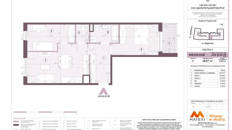 Rzut - Mieszkanie na sprzedaż 3 pokoje o powierzchni 58,67 m² - numer B.02.05 w Apartamenty Józefińska