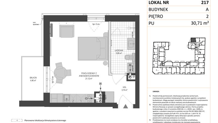 Rzut - Mieszkanie na sprzedaż 1 pokój o powierzchni 30,71 m² - numer A.217 w Esencja - Apartamenty inwestycyjne
