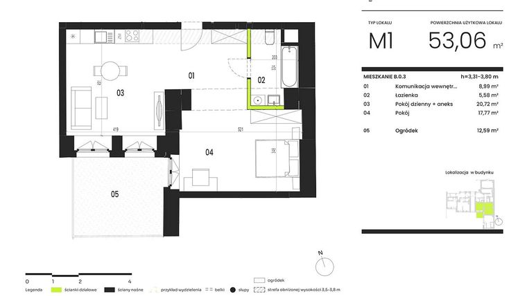 Rzut - Mieszkanie na sprzedaż 2 pokoje o powierzchni 53,02 m² - numer B.0.3 w Ogrody Staromiejskie