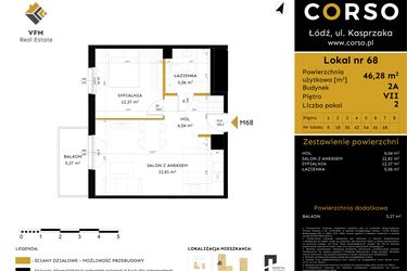 Rzut - Mieszkanie na sprzedaż 2 pokoje o powierzchni 46,28 m² - numer 2A.68 w Corso etap 2