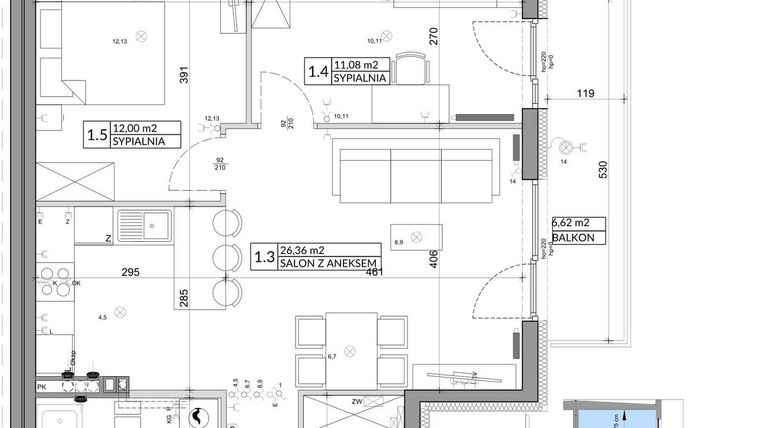 Rzut - Mieszkanie na sprzedaż 3 pokoje o powierzchni 61,85 m² - numer 42B w Osiedle Młodych etap V