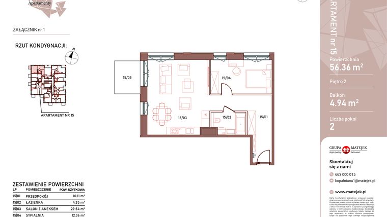 Rzut - Mieszkanie na sprzedaż 2 pokoje o powierzchni 56,36 m² - numer 15 w Kopalniana