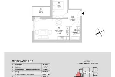 Rzut - Mieszkanie na sprzedaż 2 pokoje o powierzchni 45,53 m² - numer 7.3.1 w Osiedle Przyjemne IV