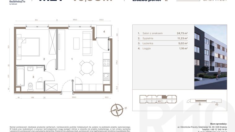 Rzut - Mieszkanie na sprzedaż 2 pokoje o powierzchni 40,98 m² - numer 21 w Radzikowskiego 110