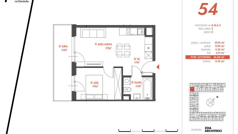 Rzut - Mieszkanie na sprzedaż 2 pokoje o powierzchni 36,08 m² - numer AB6.3 w PUR
