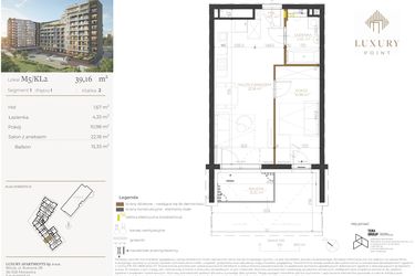 Rzut - Mieszkanie na sprzedaż 2 pokoje o powierzchni 39,16 m² - numer M5/KL2 w LUXURY POINT