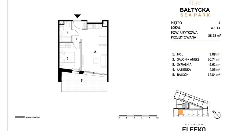 Rzut - Mieszkanie na sprzedaż 2 pokoje o powierzchni 38,28 m² - numer A.1.13 w Bałtycka Sea Park