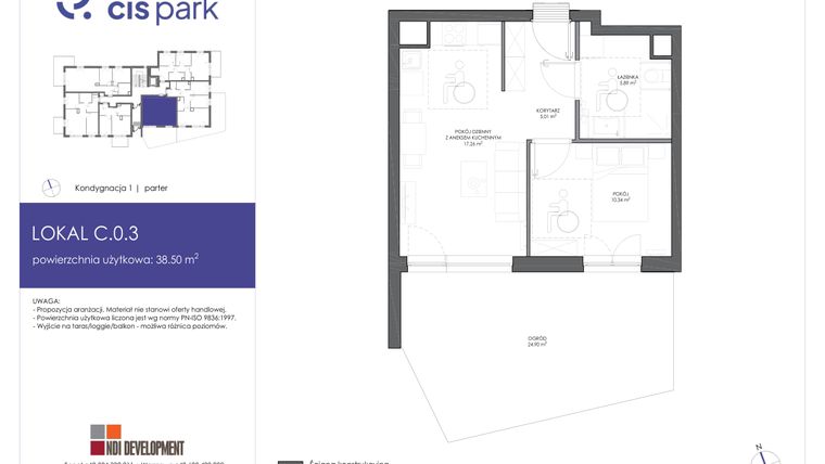 Rzut - Mieszkanie na sprzedaż 2 pokoje o powierzchni 38,5 m² - numer C.0.3 w CIS Park