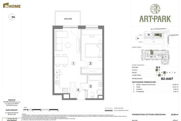 Rzut - Mieszkanie na sprzedaż 2 pokoje o powierzchni 42,58 m² - numer B.2.A407 w Inhome Osiedle ArtPark etap I