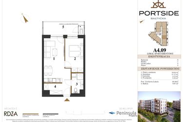 Rzut - Mieszkanie na sprzedaż 2 pokoje o powierzchni 39,48 m² - numer A4.09 w Portside Bałtycka